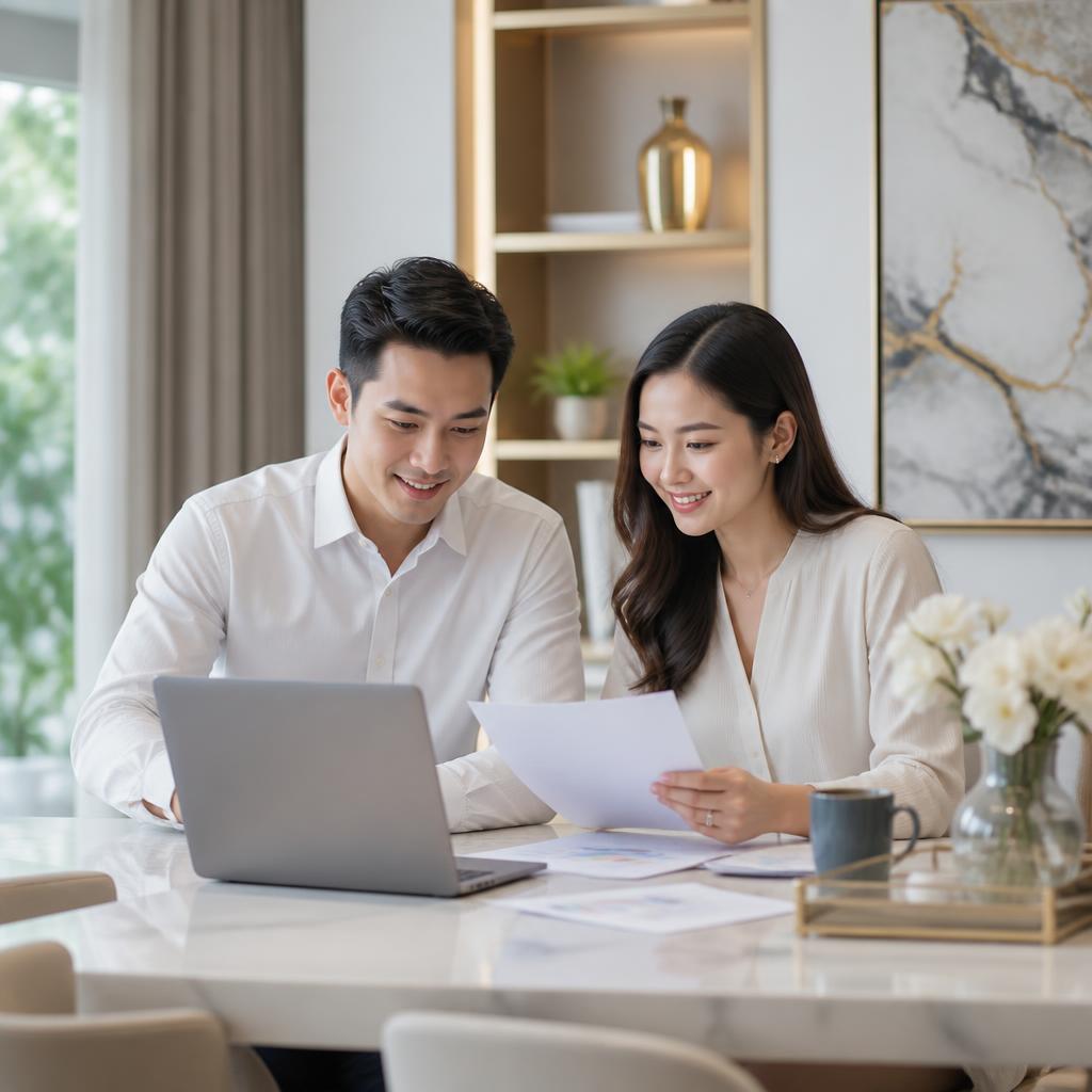 Singapore couple comparing loan options at home